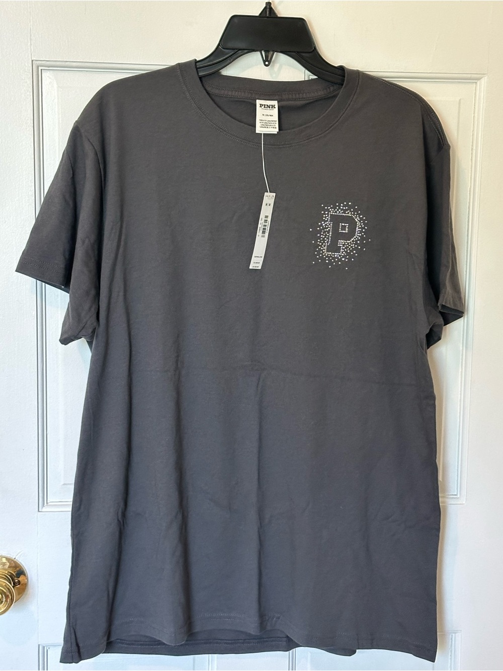 PINK Victoria's Secret Charcoal Gray Short Sleeve Tee with Rhinestone 'P'